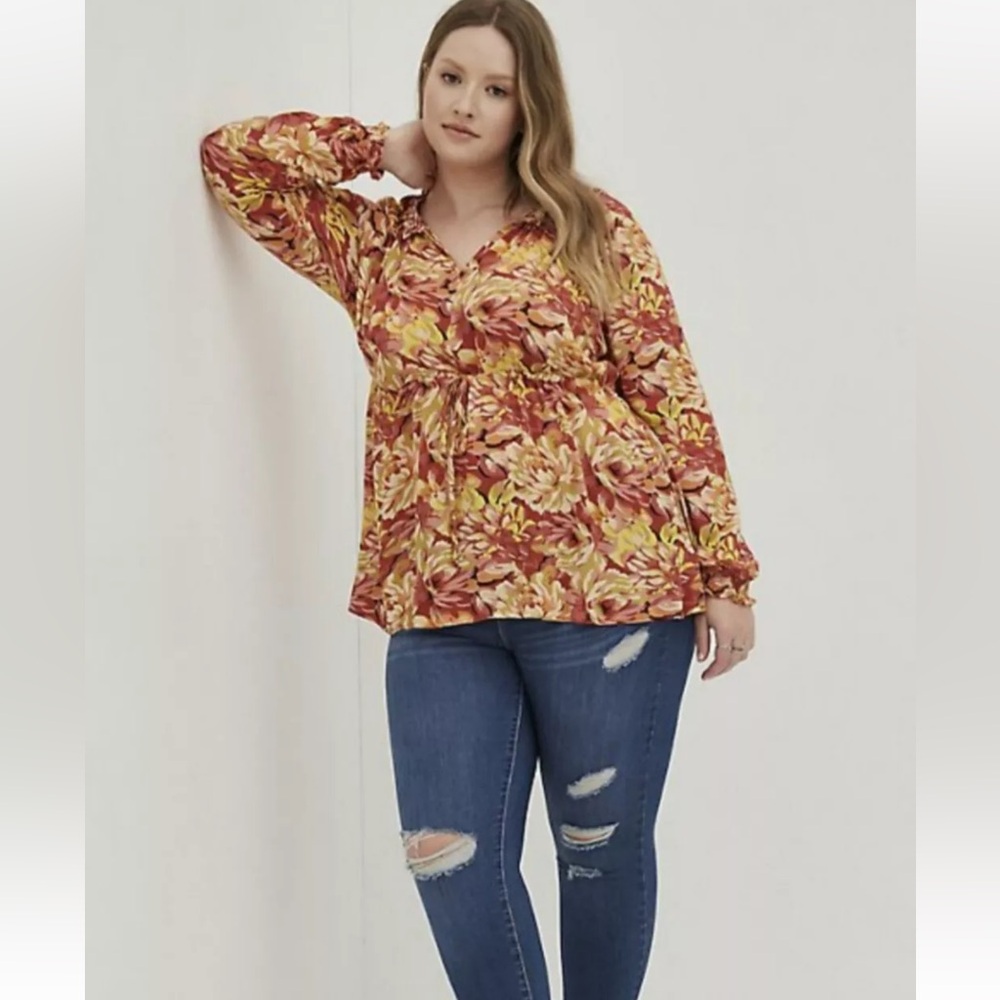 Torrid Beautiful Rust Floral Gauze Peasant Blouse Plus Size 0‎ 14/16